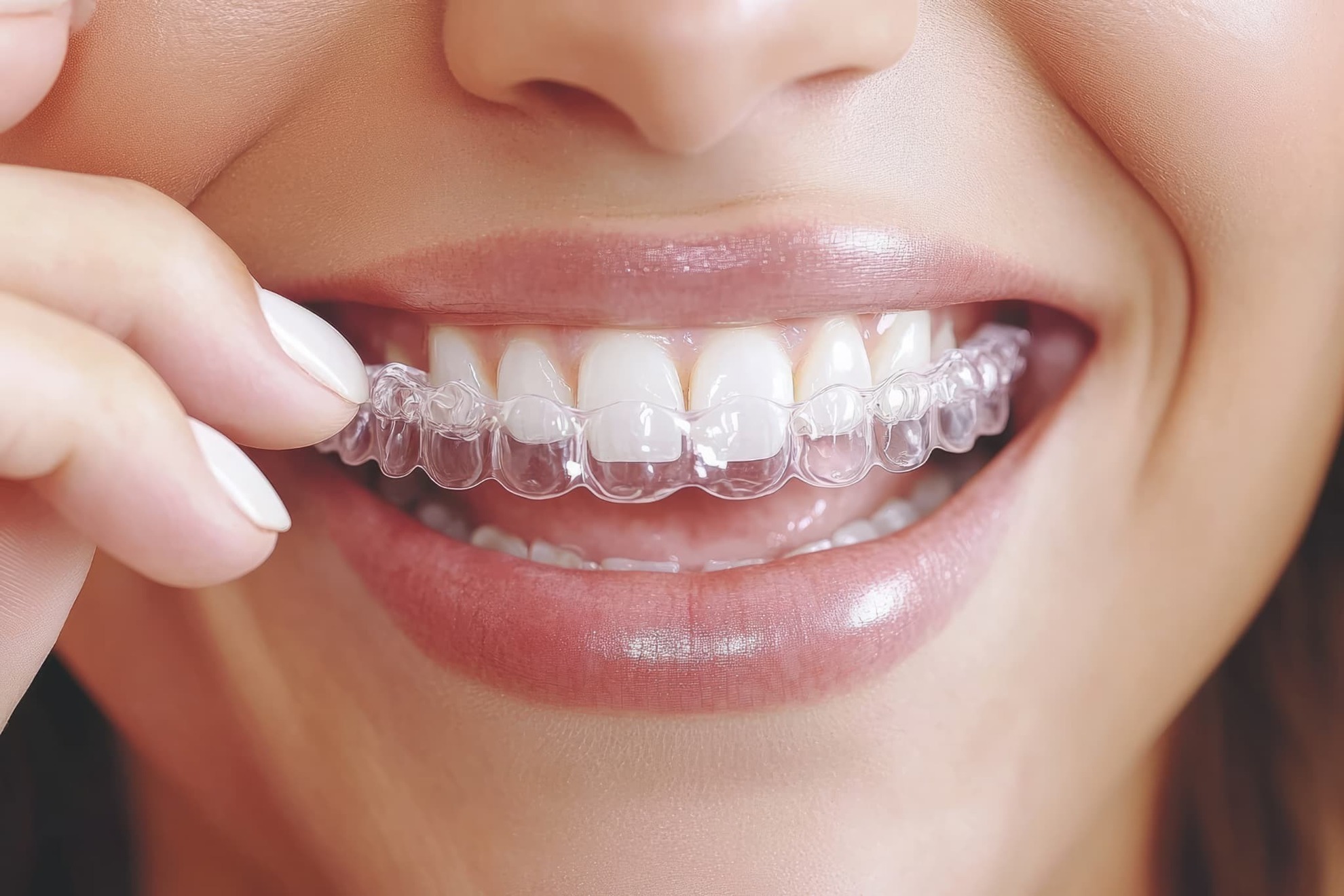 マウスピース矯正のアライナーを装着する女性