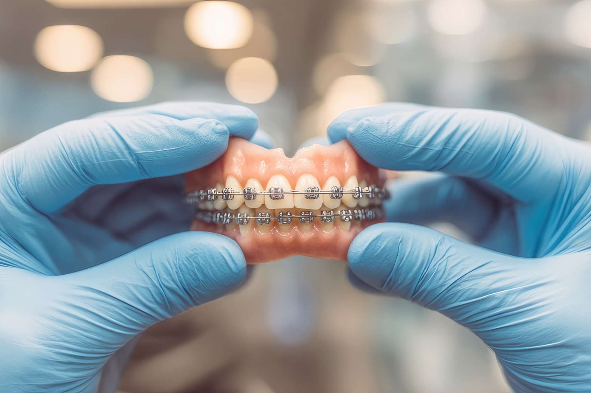 ワイヤー矯正の模型を持つ歯科医師の手元