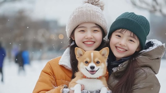 床矯正で美しい歯並びになった犬を抱いた子ども達