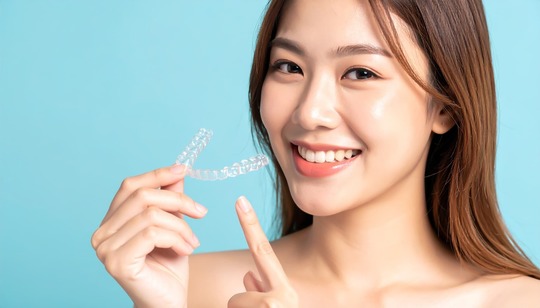 きちんとお手入れをしながらマウスピース矯正を続ける女性